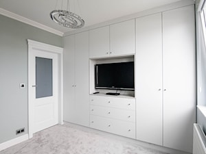 Jeziorańskiego/Warszawa - Średnia szara sypialnia, styl minimalistyczny - zdjęcie od Drewmax Meble na wymiar