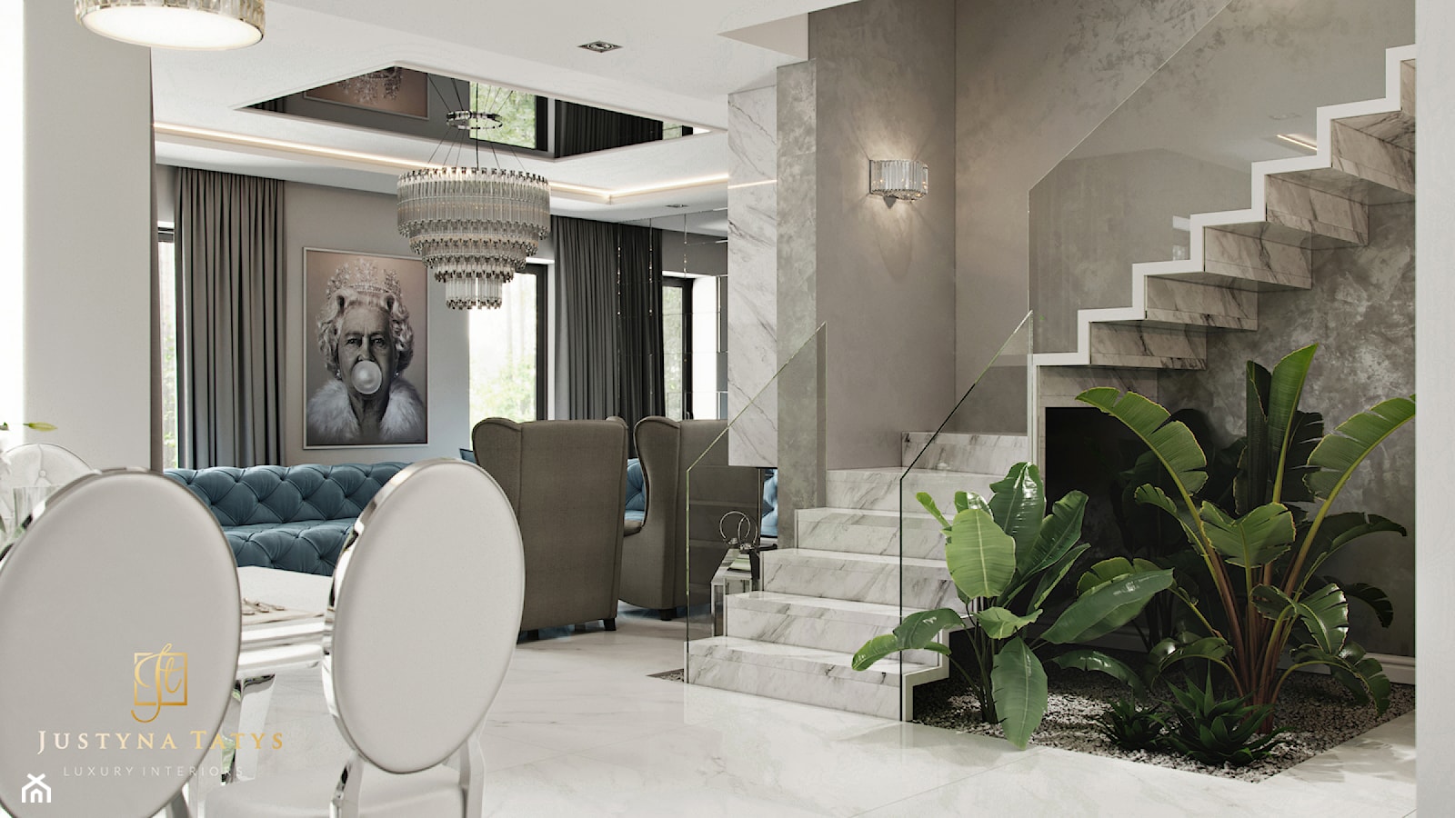 Rezydencja pod Warszawą - hol i schody w stylu New York Glamour. - zdjęcie od JUSTYNA TATYS LUXURY INTERIORS - Homebook