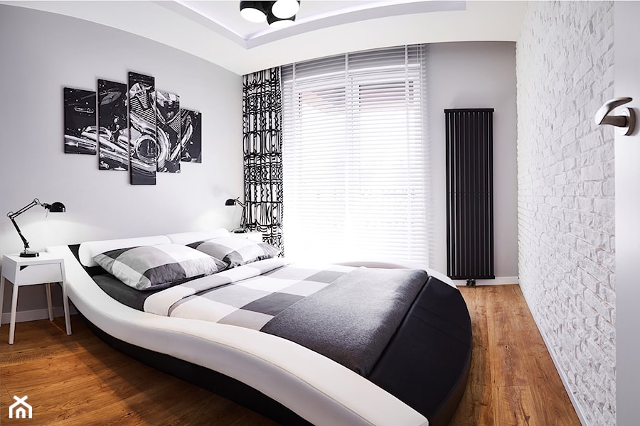Nowoczesny Apartament we Wrocławiu - Mała biała szara sypialnia, styl nowoczesny - zdjęcie od P-photos - fotografia wnętrz - Jakub Palarczyk