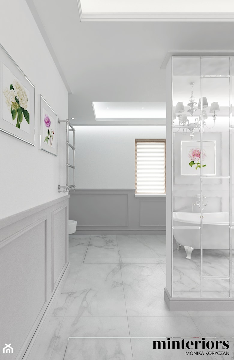 PROJEKT WNĘTRZ- ELEGANCKA ŁAZIENKA - Duża z lustrem z marmurową podłogą z punktowym oświetleniem łazienka z oknem, styl glamour - zdjęcie od minteriors Monika Koryczan Architektura Wnętrz