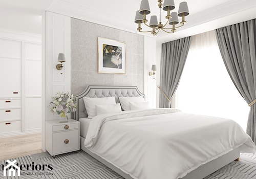 ELEGANCKI APARTAMENT W WARSZAWIE - Duża biała szara sypialnia z garderobą, styl glamour - zdjęcie od minteriors Monika Koryczan Architektura Wnętrz