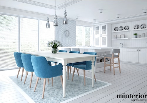 PROJEKT WNĘTRZ DOMU POD RZESZOWEM - Średnia biała jadalnia w salonie w kuchni, styl nowoczesny - zdjęcie od minteriors Monika Koryczan Architektura Wnętrz