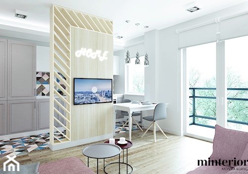 PROJEKT WNĘTRZA MIESZKANIA DLA STUDENTKI - Mała biała jadalnia w salonie w kuchni, styl nowoczesny - zdjęcie od minteriors Monika Koryczan Architektura Wnętrz