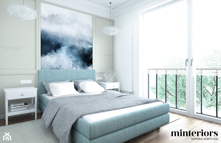 BUJANIE W OBŁOKACH - Mała biała szara sypialnia z balkonem / tarasem, styl nowoczesny - zdjęcie od minteriors Monika Koryczan Architektura Wnętrz