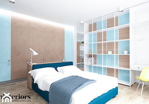 PASTELOWO - Średnia biała niebieska z biurkiem sypialnia, styl nowoczesny - zdjęcie od minteriors Monika Koryczan Architektura Wnętrz