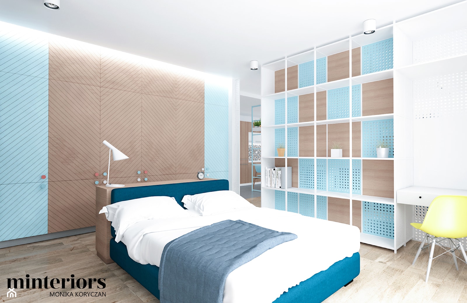 PASTELOWO - Średnia biała niebieska z biurkiem sypialnia, styl nowoczesny - zdjęcie od minteriors Monika Koryczan Architektura Wnętrz - Homebook