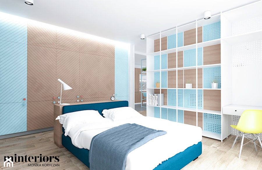 PASTELOWO - Średnia biała niebieska z biurkiem sypialnia, styl nowoczesny - zdjęcie od minteriors Monika Koryczan Architektura Wnętrz