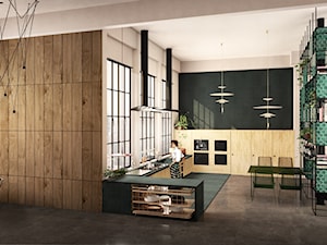 Apartament - Średnia otwarta z kamiennym blatem beżowa z zabudowaną lodówką z podblatowym zlewozmywakiem kuchnia w kształcie litery l z oknem - zdjęcie od IN studio projektowe