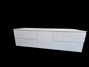Szafka lakierowana 180x50x50cm z czterema szufladami, koszem na pranie oraz z blatem z dwiema wygiętymi umywalkami - zdjęcie od blaty.eu - sklep internetowy
