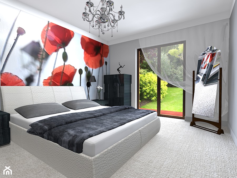 Projekt sypialni - Średnia biała sypialnia z balkonem / tarasem, styl nowoczesny - zdjęcie od DorotaBykowska.pl