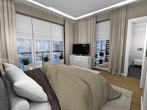 Duża szara sypialnia z łazienką z balkonem / tarasem, styl nowoczesny - zdjęcie od New Age Design SC