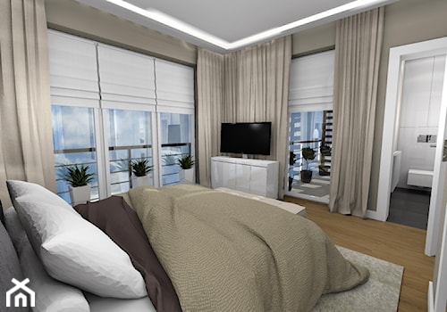 Duża szara sypialnia z łazienką z balkonem / tarasem, styl nowoczesny - zdjęcie od New Age Design SC