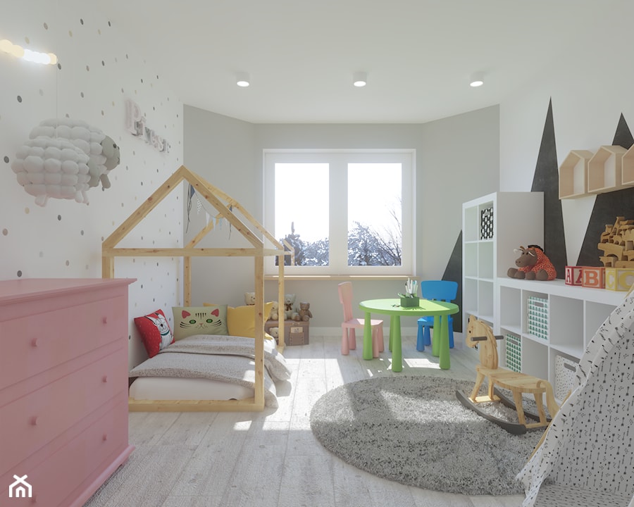 Dom jednorodzinny w Siedlcach - Średni biały szary pokój dziecka dla dziecka dla chłopca dla dziewczynki dla rodzeństwa, styl skandynawski - zdjęcie od SSF_Interiors
