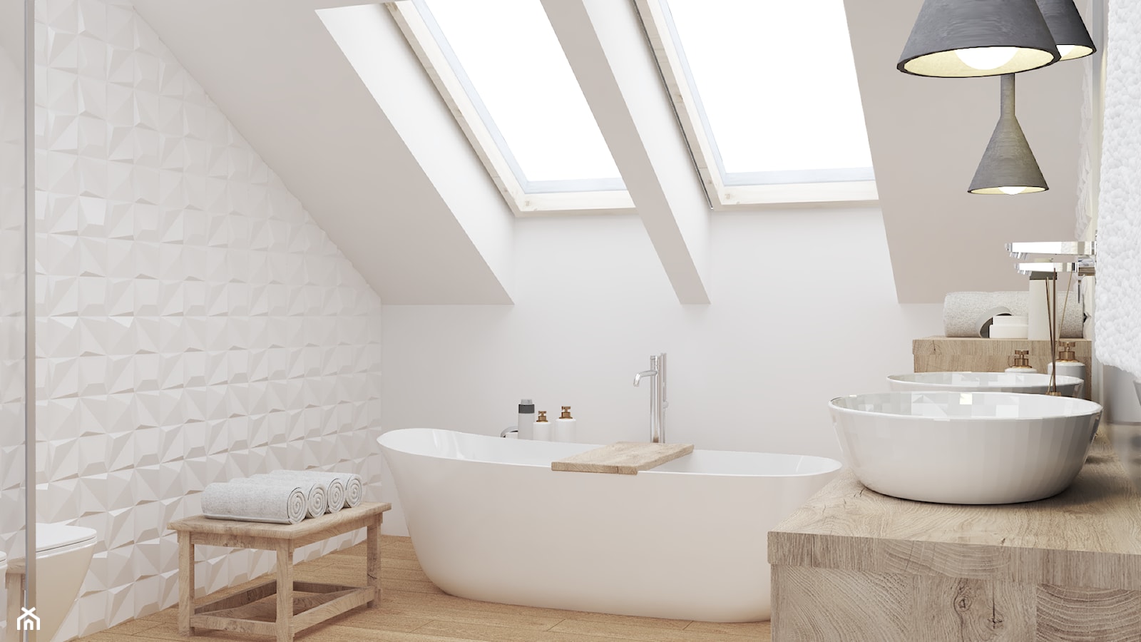 Łazienka biała z drewnem - zdjęcie od 3D Wizualizacje i Projektowanie - Homebook