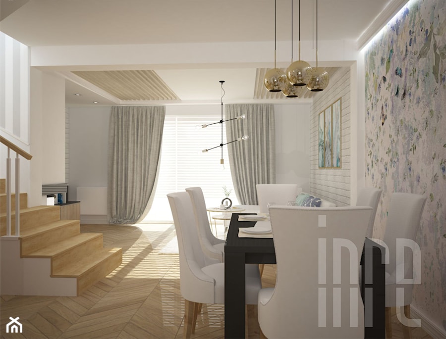 Projekt domu w zabudowie szeregowej - Średni biały szary salon z jadalnią, styl prowansalski - zdjęcie od INRE