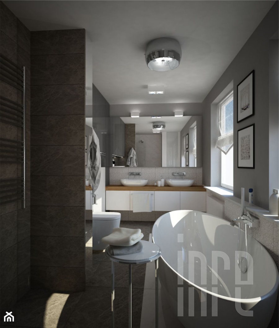 Projekt domu w zabudowie szeregowej - Średnia z lustrem z dwoma umywalkami z punktowym oświetleniem łazienka z oknem, styl nowoczesny - zdjęcie od INRE