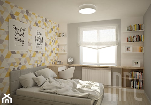 Projekt mieszkania 50m2 Białystok - Mała szara z biurkiem sypialnia, styl nowoczesny - zdjęcie od INRE
