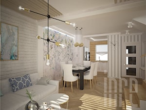 Projekt domu w zabudowie szeregowej - Mały biały salon z kuchnią z jadalnią, styl prowansalski - zdjęcie od INRE