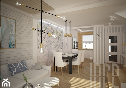 Projekt domu w zabudowie szeregowej - Mały biały salon z kuchnią z jadalnią, styl prowansalski - zdjęcie od INRE