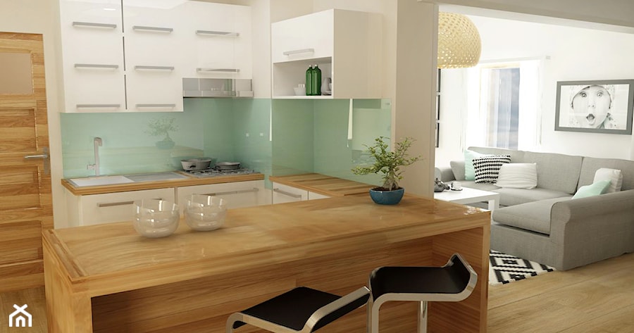 Salon z biurem na poddaszu - Średnia otwarta zielona kuchnia w kształcie litery u z wyspą lub półwyspem, styl minimalistyczny - zdjęcie od D2 Studio