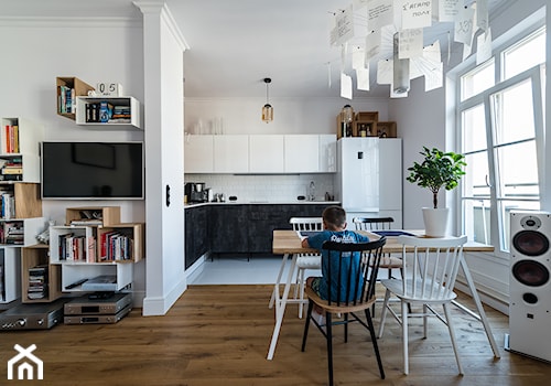 mieszkanie wierzbowa - Średni biały salon z kuchnią z jadalnią, styl vintage - zdjęcie od ENDE marcin lewandowicz