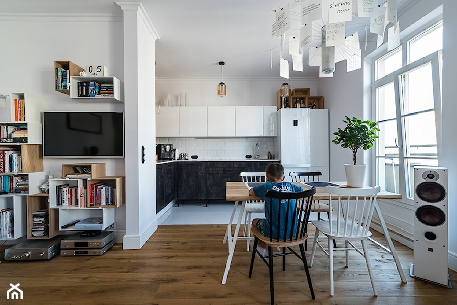 mieszkanie wierzbowa - Średni biały salon z kuchnią z jadalnią, styl vintage - zdjęcie od ENDE marcin lewandowicz