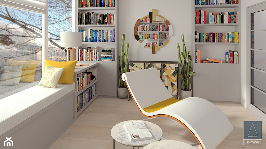 Biblioteka - Małe z sofą szare biuro - zdjęcie od ArtePoint
