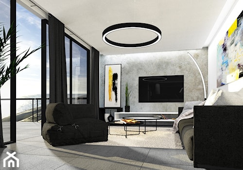 Apartament - Średni biały szary salon z tarasem / balkonem, styl nowoczesny - zdjęcie od ArtePoint