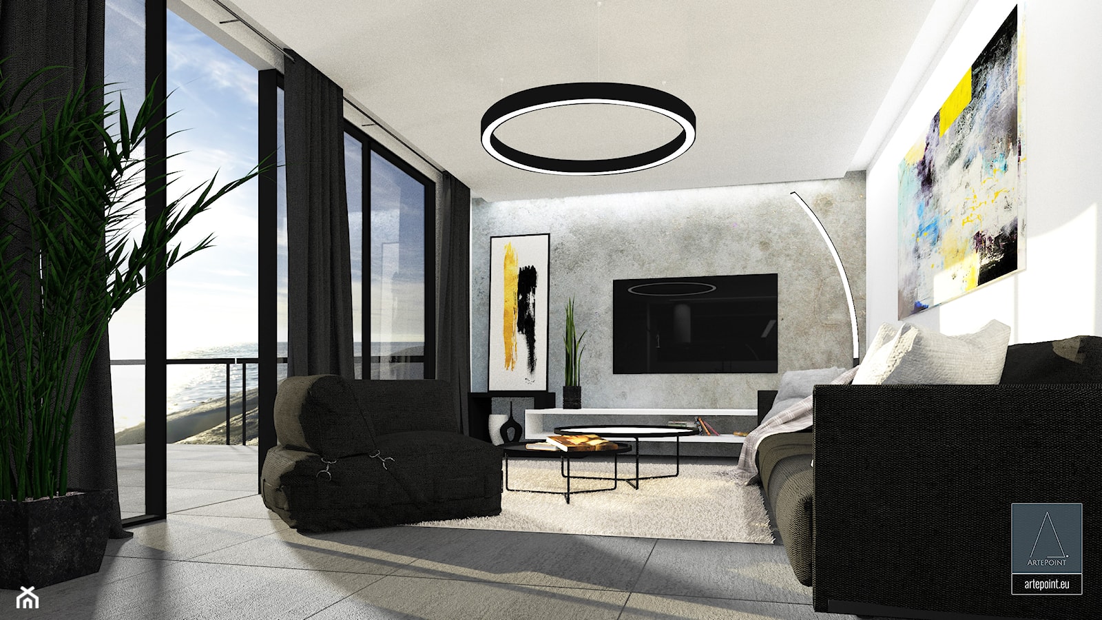 Apartament - Średni biały szary salon z tarasem / balkonem, styl nowoczesny - zdjęcie od ArtePoint - Homebook