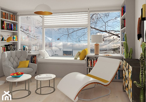 Biblioteka - Średnie w osobnym pomieszczeniu z sofą szare biuro - zdjęcie od ArtePoint