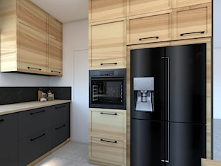 Elegancka ciemna kuchnia -połączenie czerni, drewna i betonu