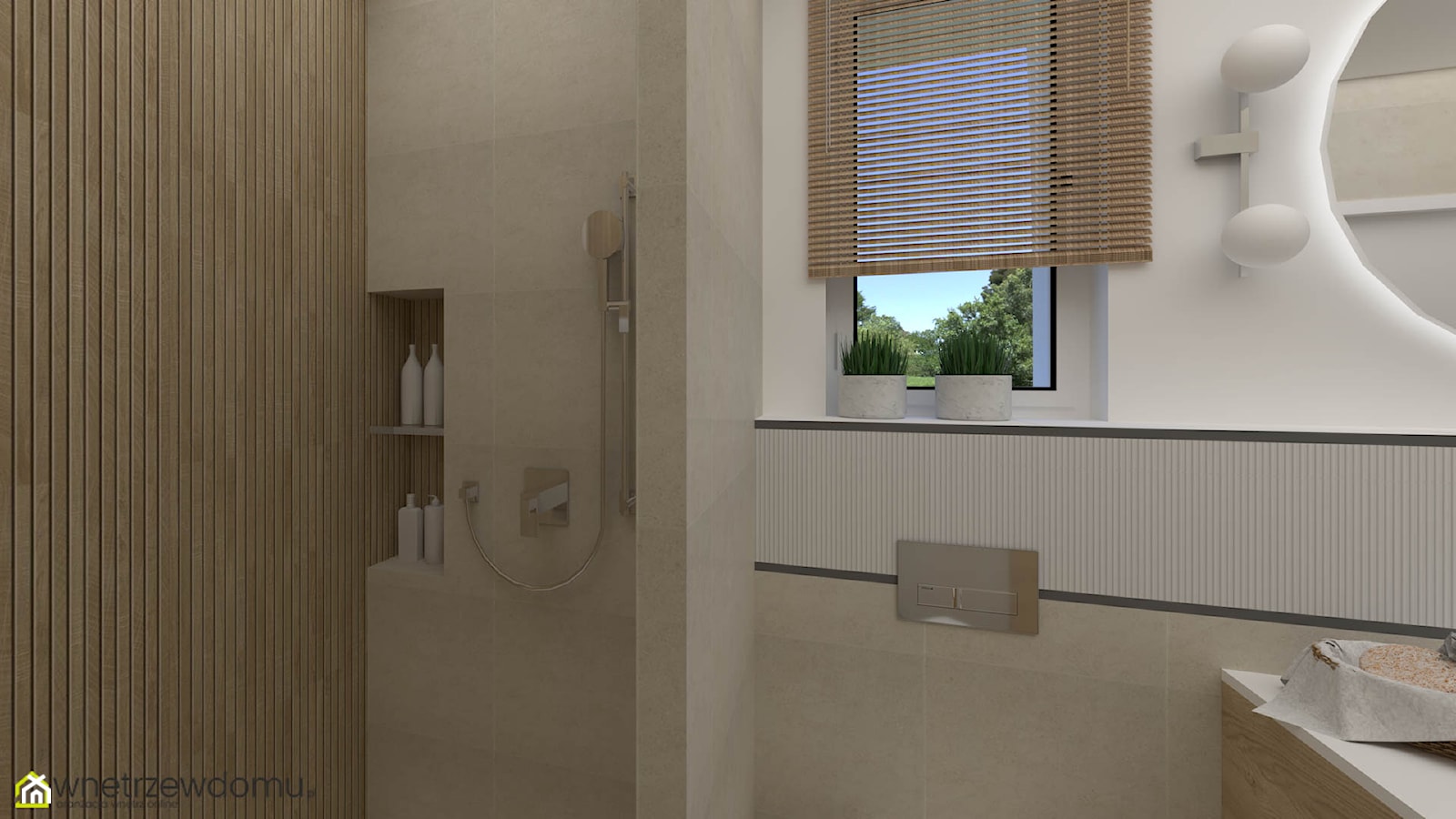 Biel i drewno w niewielkiej łazience ze ścianką prysznicową - zdjęcie od wnetrzewdomu - Homebook