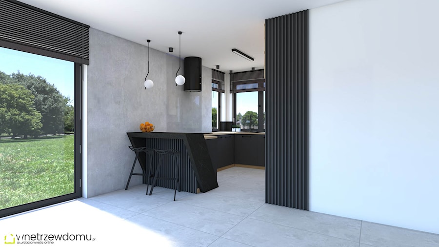 Elegancka ciemna kuchnia - połączenie czerni, drewna i betonu - zdjęcie od wnetrzewdomu
