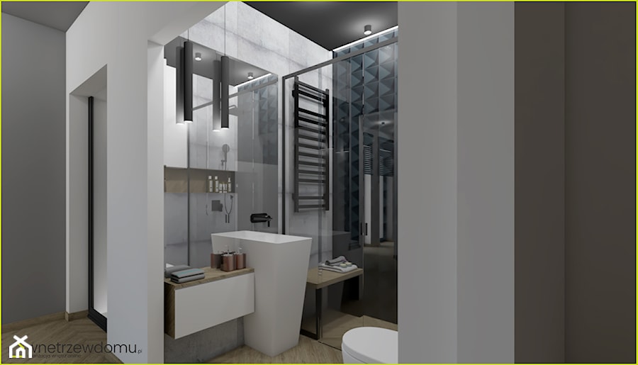 Ciemna łazienka dla gości - Średnia bez okna z lustrem z punktowym oświetleniem łazienka, styl nowoczesny - zdjęcie od wnetrzewdomu
