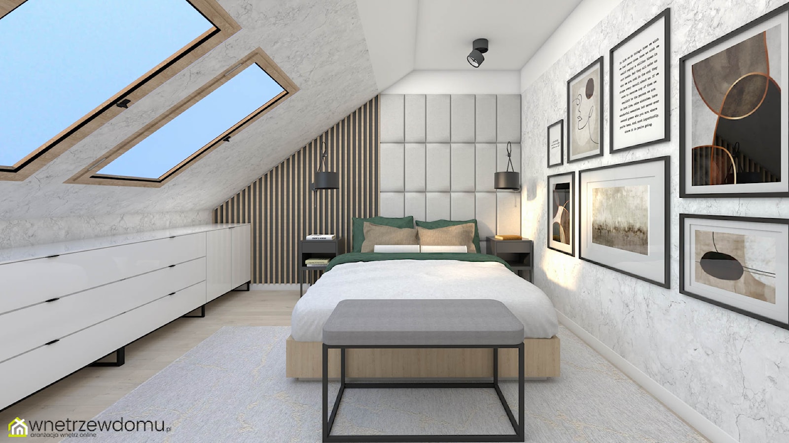 Jasna sypialnia wykończona tapetą imitującą marmur - zdjęcie od wnetrzewdomu - Homebook