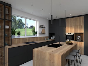 Połączenie drewna i czerni w salonie z kuchnią - zdjęcie od wnetrzewdomu