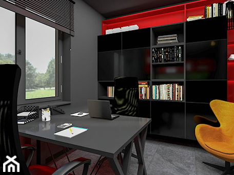 Aranżacje wnętrz - Biuro: Gabinet w kolorach czerni z dodatkiem czerwieni - wnetrzewdomu. Przeglądaj, dodawaj i zapisuj najlepsze zdjęcia, pomysły i inspiracje designerskie. W bazie mamy już prawie milion fotografii!