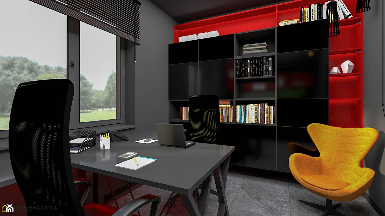 Gabinet w kolorach czerni z dodatkiem czerwieni - zdjęcie od wnetrzewdomu - Homebook