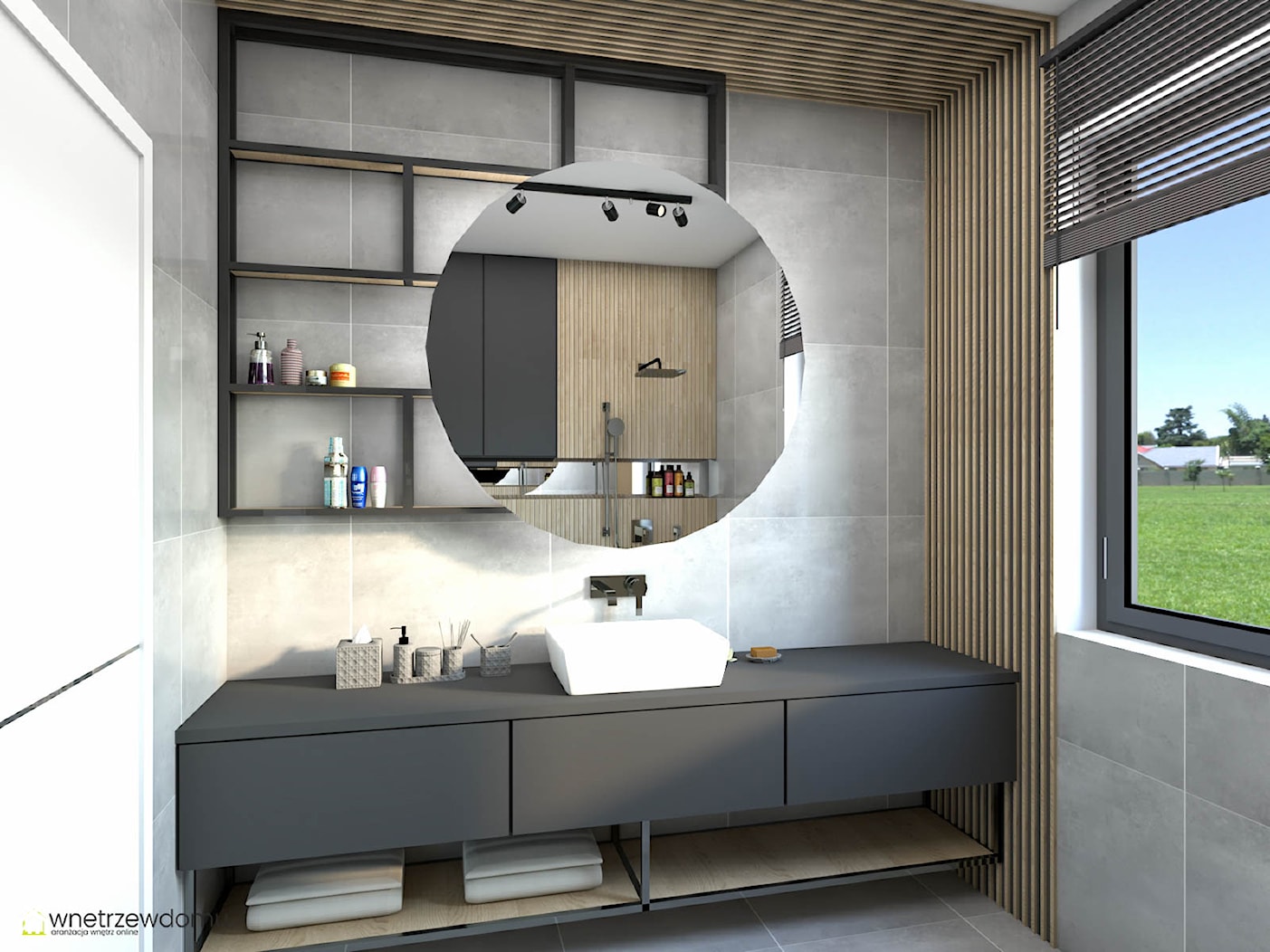 Grafitowa łazienka z kabiną prysznicową - zdjęcie od wnetrzewdomu - Homebook