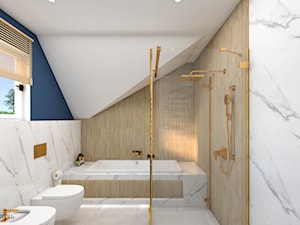 Jasna łazienka z granatową zabudową i złotymi dodatkami - Łazienka, styl nowoczesny - zdjęcie od wnetrzewdomu