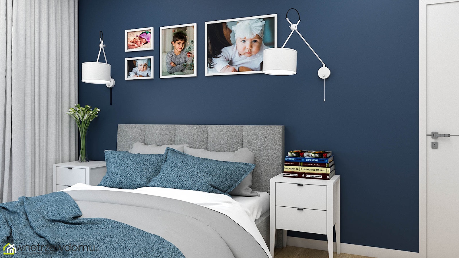 Granatowa sypialnia z dużym łóżkiem - zdjęcie od wnetrzewdomu - Homebook