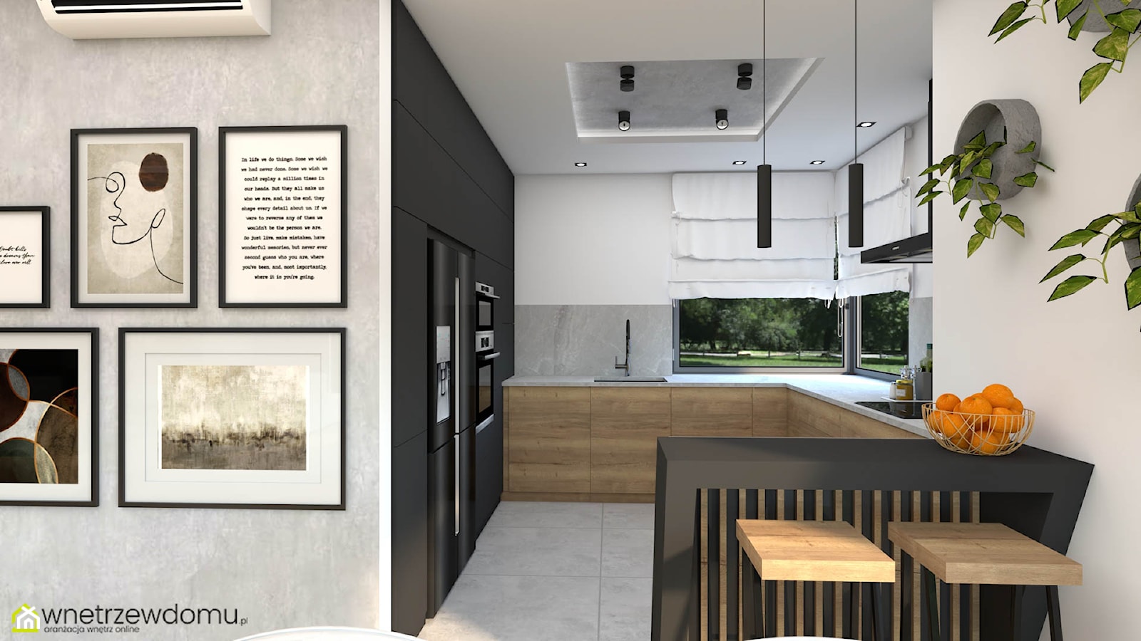 Nowoczesny salon z kuchnią z sufitami wykończonymi betonem - zdjęcie od wnetrzewdomu - Homebook