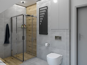 Nowoczesna łazienka z drewnem - Średnia na poddaszu bez okna z punktowym oświetleniem łazienka, styl nowoczesny - zdjęcie od wnetrzewdomu
