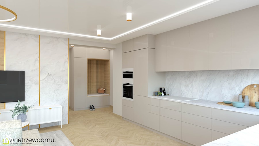 Jasny, nowoczesny salon z kuchnią w połączeniu bieli i beżu - zdjęcie od wnetrzewdomu