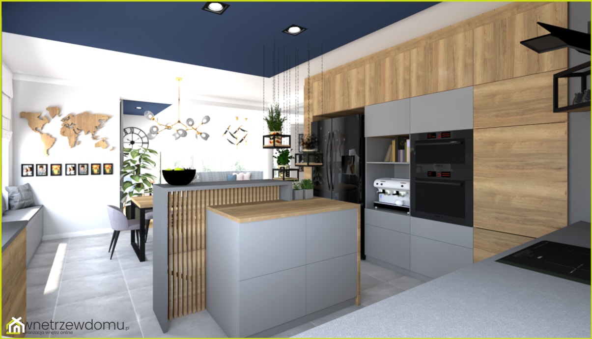 Duży salon z kuchnią z niebieskimi dodatkami - zdjęcie od wnetrzewdomu - Homebook