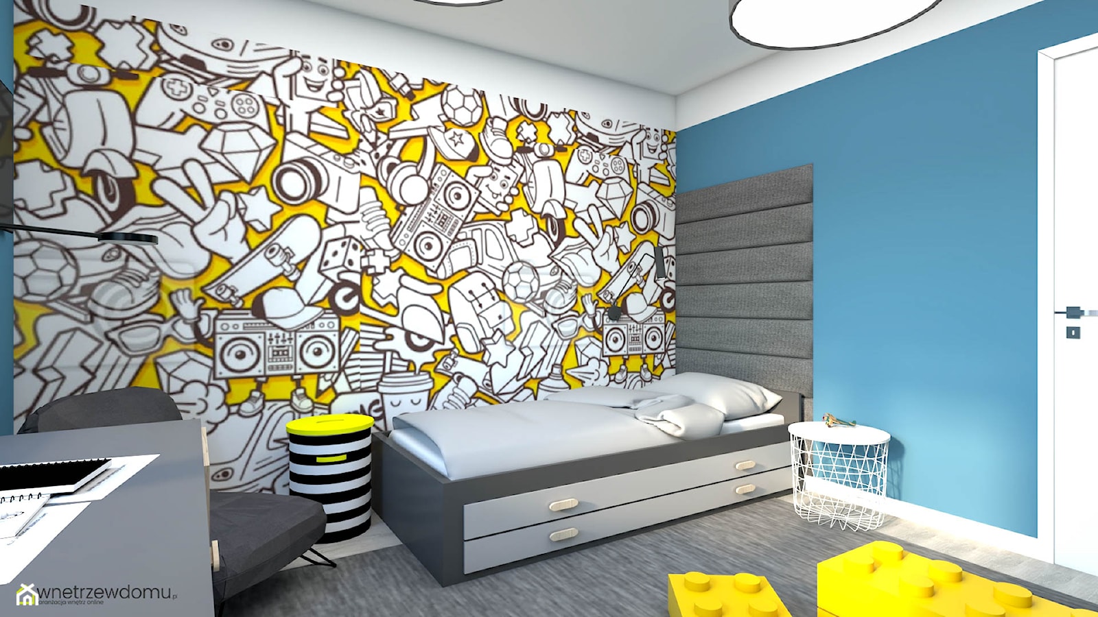 Żółto-niebieski, energetyczny pokój dla chłopca - zdjęcie od wnetrzewdomu - Homebook