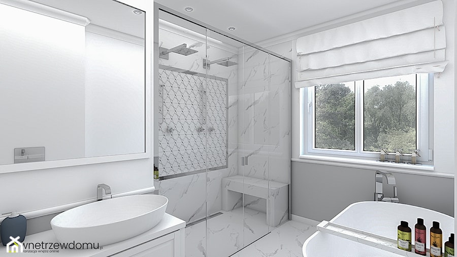 Łazienka w stylu new hampton - Średnia z lustrem z marmurową podłogą z punktowym oświetleniem łazienka z oknem, styl glamour - zdjęcie od wnetrzewdomu