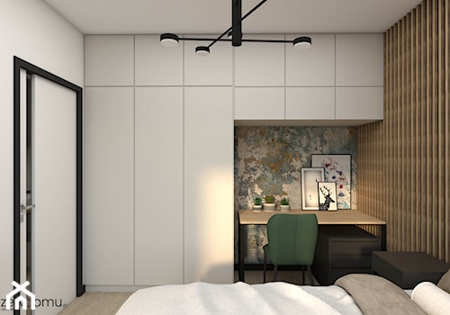 Połączenie lameli i paneli tapicerowanych w nowoczesnej sypialni - zdjęcie od wnetrzewdomu