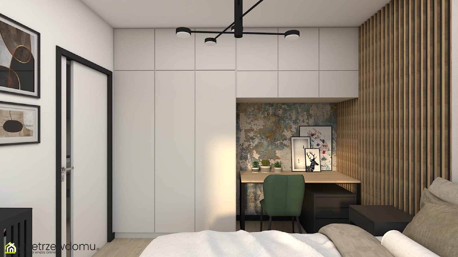 Połączenie lameli i paneli tapicerowanych w nowoczesnej sypialni - zdjęcie od wnetrzewdomu - Homebook