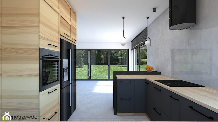Elegancka ciemna kuchnia - połączenie czerni, drewna betonu - zdjęcie od wnetrzewdomu